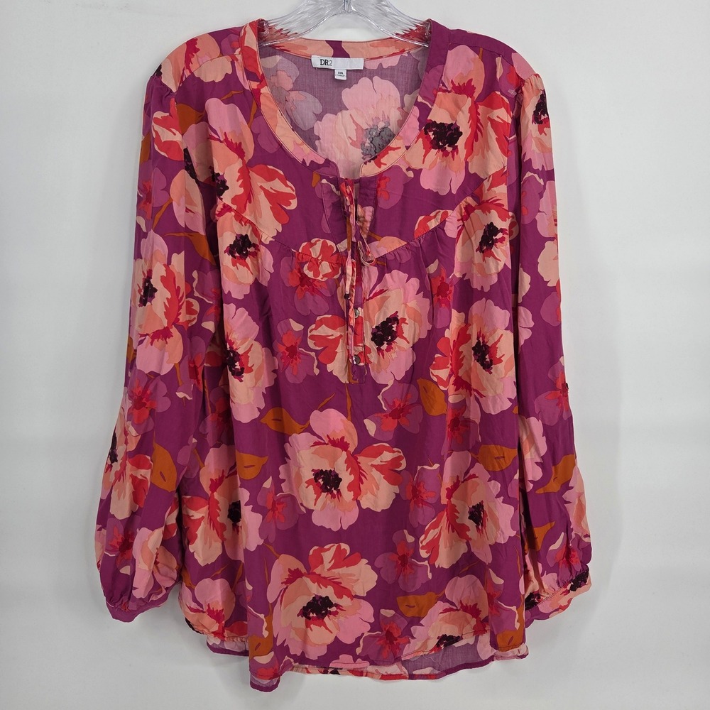 DR2 Floral Blouse XXL Purple Pink Boho Long Sleeve Split Neck Top ZDR14064RY7